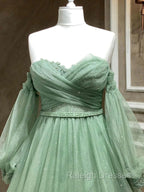 A Line Sweetheart Neck Long Sleeves Green Tulle Long Prom Dress, Long Green Formal Prom Dress