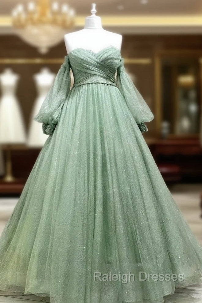 A Line Sweetheart Neck Long Sleeves Green Tulle Long Prom Dress, Long Green Formal Evening Dress Main image
