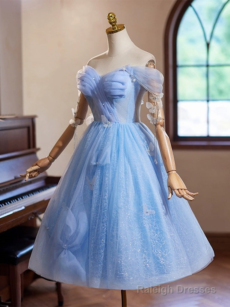 A-Line Sweetheart Neck Off Shoulder Blue Short Prom Dresses With Beads Secondary image