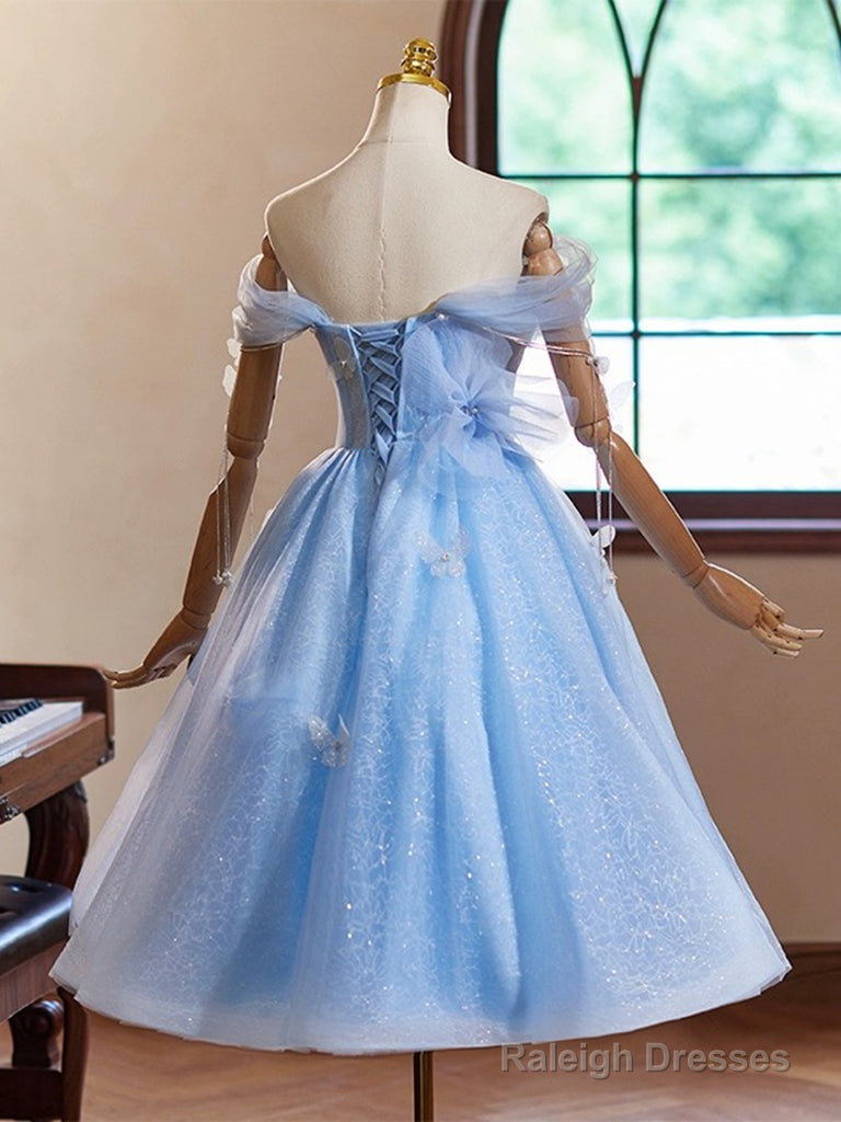 A-Line Sweetheart Neck Off Shoulder Blue Short Prom Dresses With Beads
