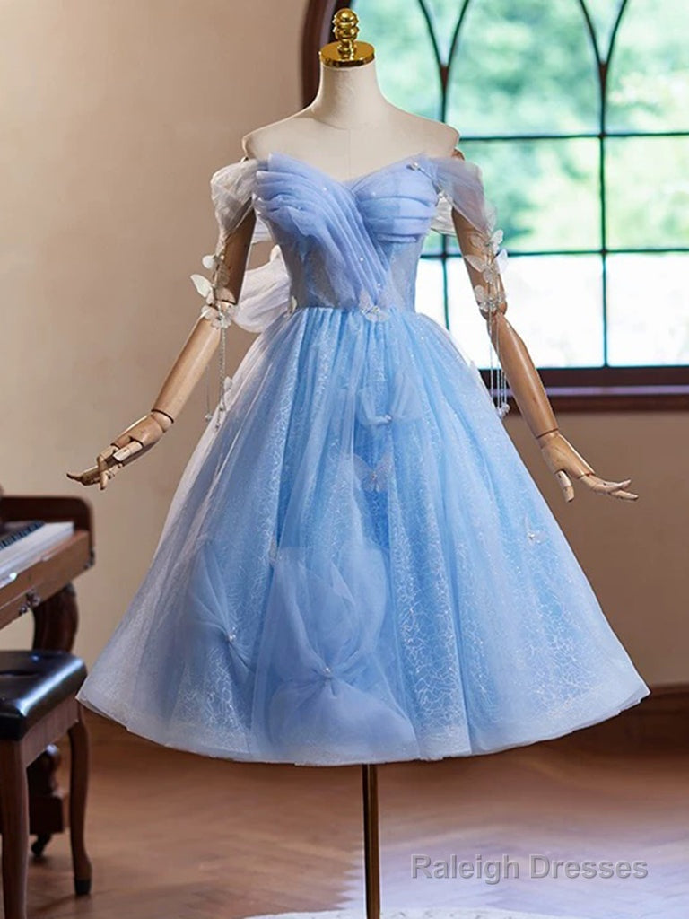 A-Line Sweetheart Neck Off Shoulder Blue Short Prom Dresses With Beads Main image