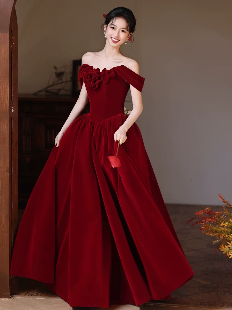 A-Line Sweetheart Neck Off Shoulder Floor Length Burgundy Formal Prom Dress Secondary image