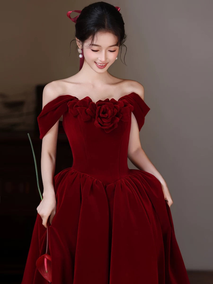 A-Line Sweetheart Neck Off Shoulder Floor Length Burgundy Formal Prom Dress