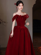 A-Line Sweetheart Neck Off Shoulder Floor Length Burgundy Formal Prom Dress