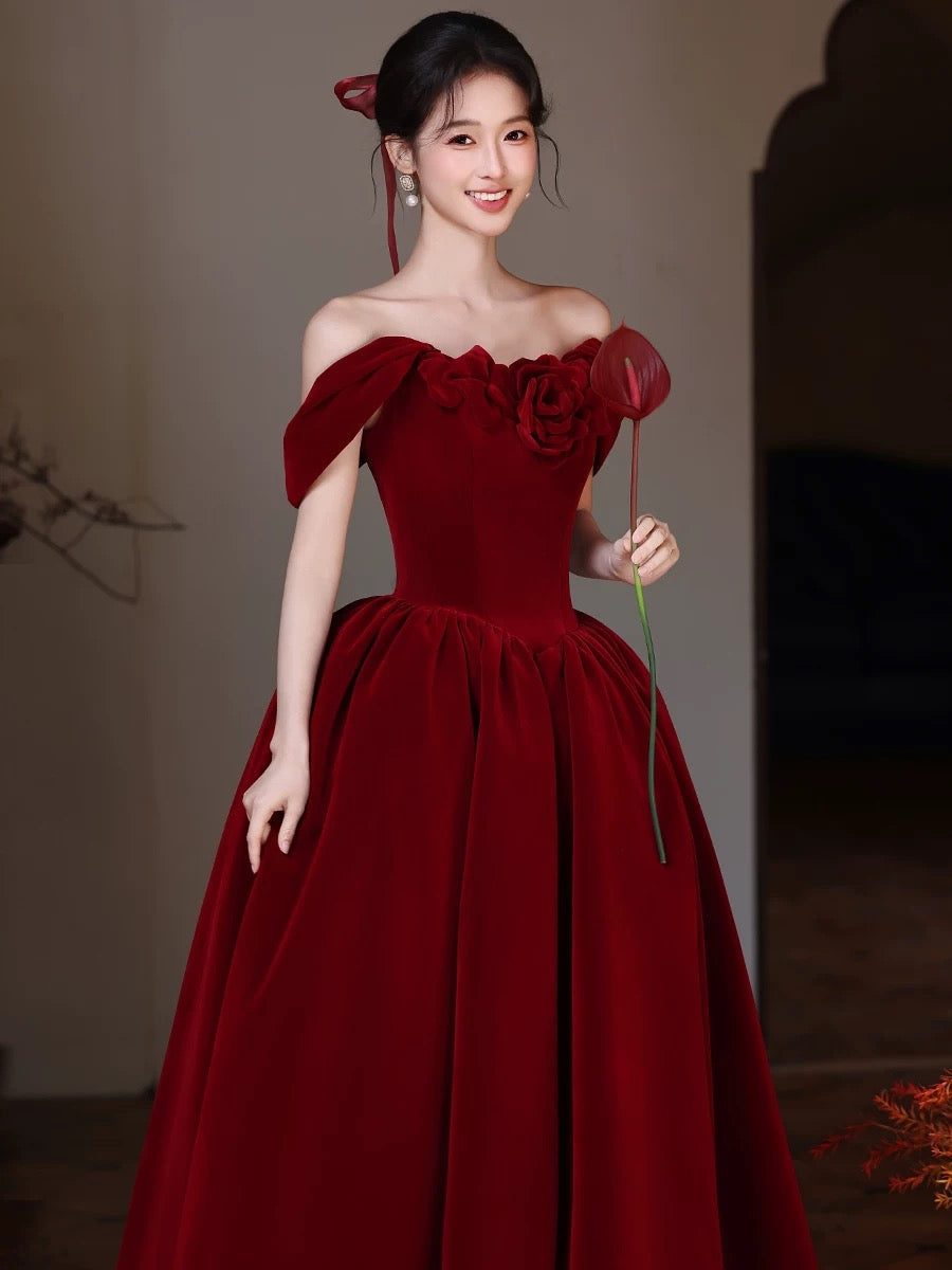 A-Line Sweetheart Neck Off Shoulder Floor Length Burgundy Formal Prom Dress