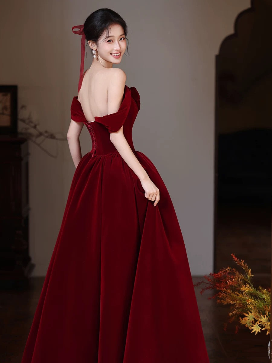 A-Line Sweetheart Neck Off Shoulder Floor Length Burgundy Formal Prom Dress