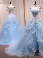 A-Line Sweetheart Neck Off Shoulder Tulle Lace Blue Long Prom Dress, Blue Sweet 16 Dress