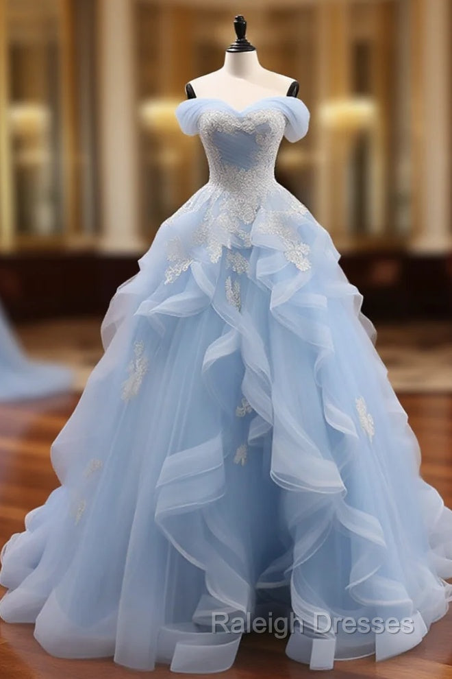 A-Line Sweetheart Neck Off Shoulder Tulle Lace Blue Long Prom Dress, Blue Sweet 16 Dress