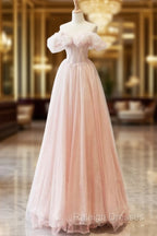 A-Line Sweetheart Neck Off Shoulder Tulle Pink Long Prom Dress, Pink Long Formal Dress