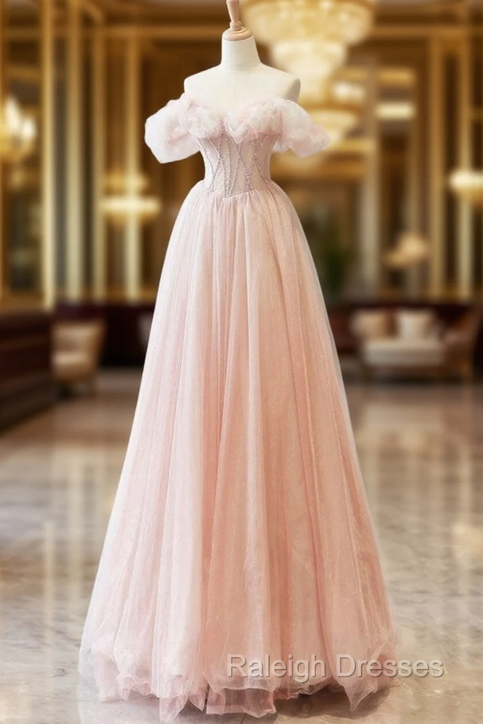 A-Line Sweetheart Neck Off Shoulder Tulle Pink Long Prom Dress, Pink Long Formal Dress