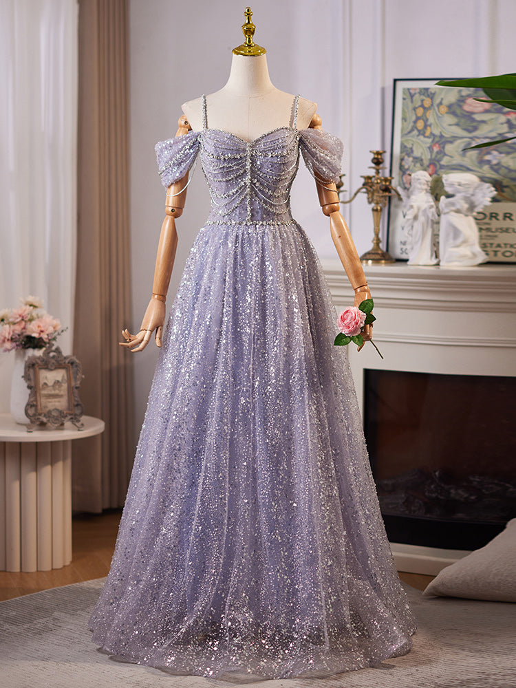 A-Line Sweetheart Neck Off Shoulder Tulle Sequin Gray Blue Long Formal Prom Dress Main image