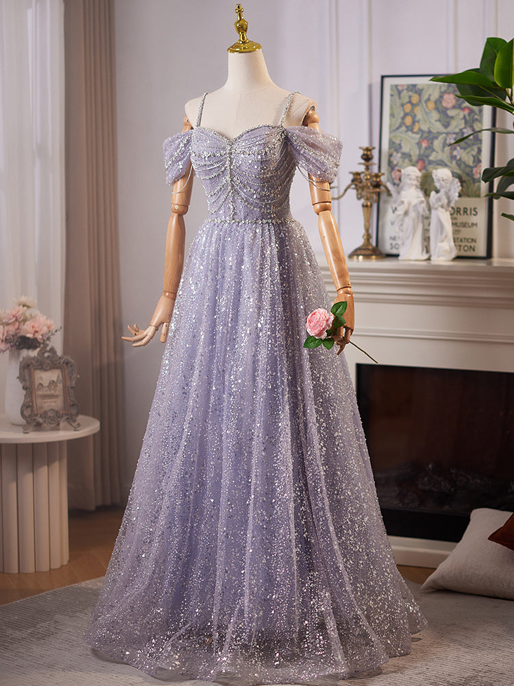 A-Line Sweetheart Neck Off Shoulder Tulle Sequin Gray Blue Long Formal Prom Dress Secondary image