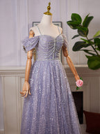 A-Line Sweetheart Neck Off Shoulder Tulle Sequin Gray Blue Long Formal Prom Dress