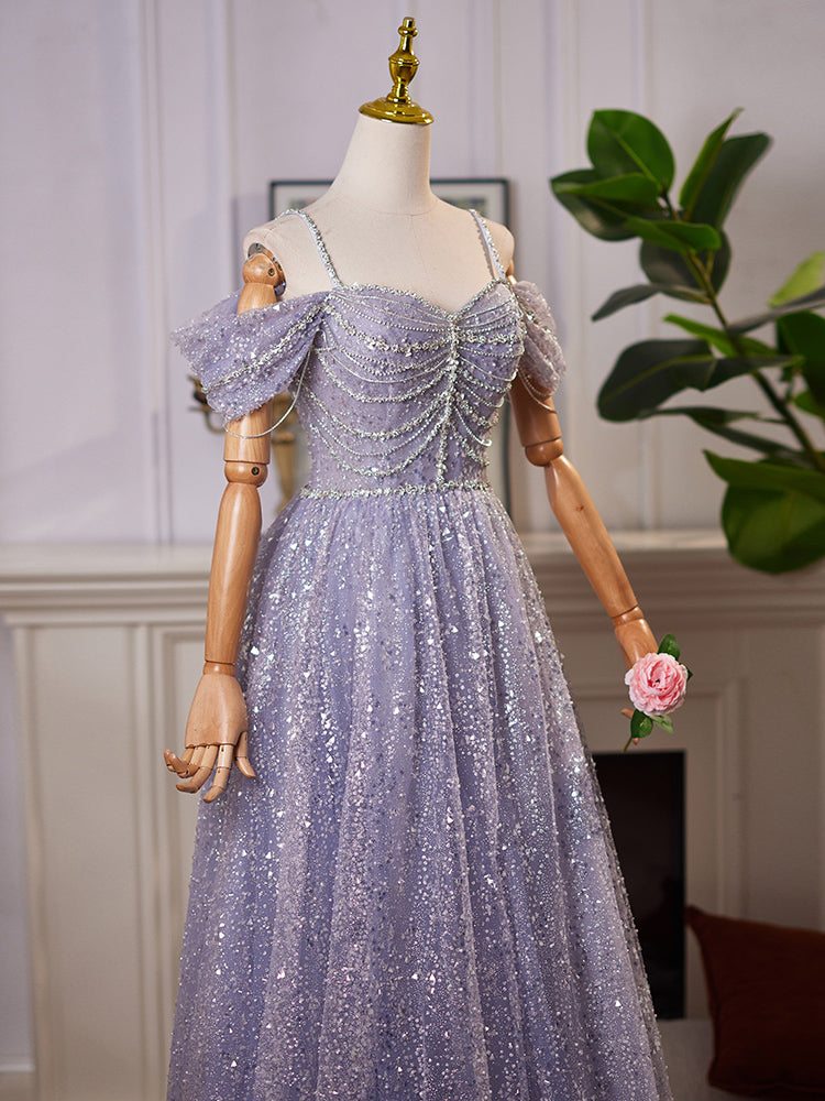 A-Line Sweetheart Neck Off Shoulder Tulle Sequin Gray Blue Long Formal Prom Dress