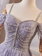 A-Line Sweetheart Neck Off Shoulder Tulle Sequin Gray Blue Long Formal Prom Dress