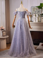 A-Line Sweetheart Neck Off Shoulder Tulle Sequin Gray Blue Long Formal Prom Dress