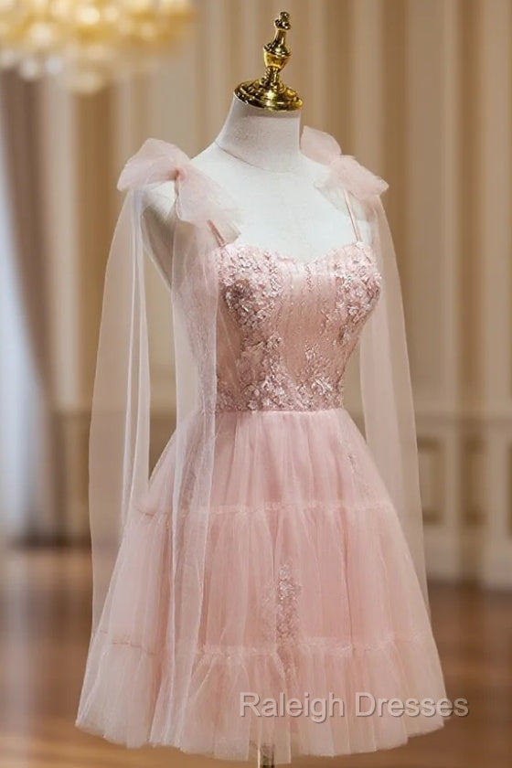 A Line Sweetheart Neck Pink Short Prom Dresses, Formal Puffy Pink Homecoming Dress with Lace Applique Beading Main image