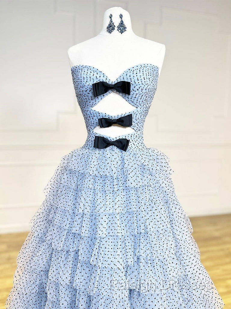 A-Line Sweetheart Neck Polka Dots Tulle Blue Long Prom Dress, Blue Long Formal Dress Secondary image