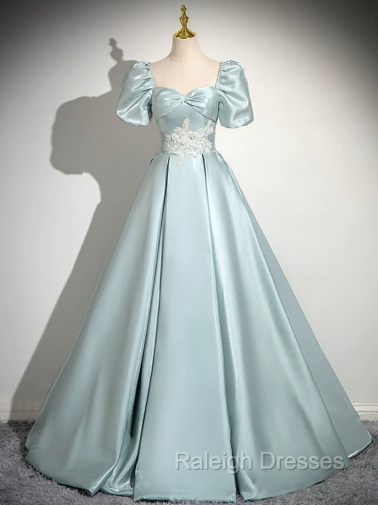 A-Line Sweetheart Neck Puff Sleeves Satin Blue Long Prom Dress, Blue Long Formal Dress Secondary image