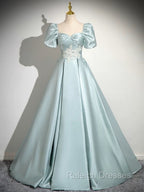 A-Line Sweetheart Neck Puff Sleeves Satin Blue Long Prom Dress, Blue Long Formal Dress