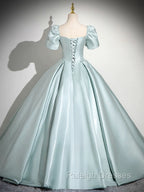 A-Line Sweetheart Neck Puff Sleeves Satin Blue Long Prom Dress, Blue Long Formal Dress