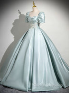 A-Line Sweetheart Neck Puff Sleeves Satin Blue Long Prom Dress, Blue Long Formal Dress