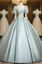 A-Line Sweetheart Neck Puff Sleeves Satin Blue Long Prom Dress, Blue Long Formal Dress