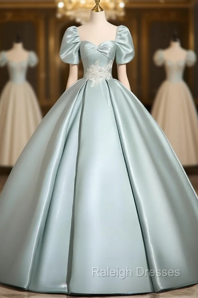 A-Line Sweetheart Neck Puff Sleeves Satin Blue Long Prom Dress, Blue Long Formal Dress