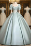 A-Line Sweetheart Neck Puff Sleeves Satin Blue Long Prom Dress, Blue Long Formal Dress