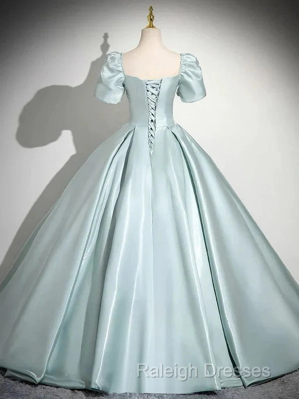 A-Line Sweetheart Neck Puff Sleeves Satin Quinceanera Dresses Blue Prom Dresses Long Elegant Prom Dresses