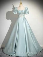 A-Line Sweetheart Neck Puff Sleeves Satin Quinceanera Dresses Blue Prom Dresses Long Elegant Prom Dresses