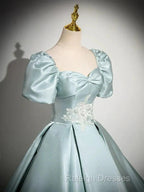 A-Line Sweetheart Neck Puff Sleeves Satin Quinceanera Dresses Blue Prom Dresses Long Elegant Prom Dresses