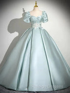 A-Line Sweetheart Neck Puff Sleeves Satin Quinceanera Dresses Blue Prom Dresses Long Elegant Prom Dresses