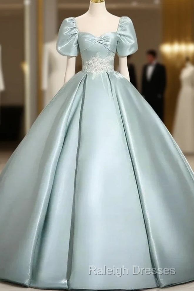 A-Line Sweetheart Neck Puff Sleeves Satin Quinceanera Dresses Blue Prom Dresses Long Elegant Prom Dresses