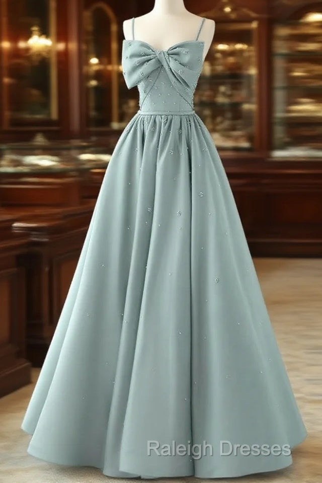 A-Line Sweetheart Neck Satin Beads Blue Long Prom Dress, Blue Formal Dress Main image