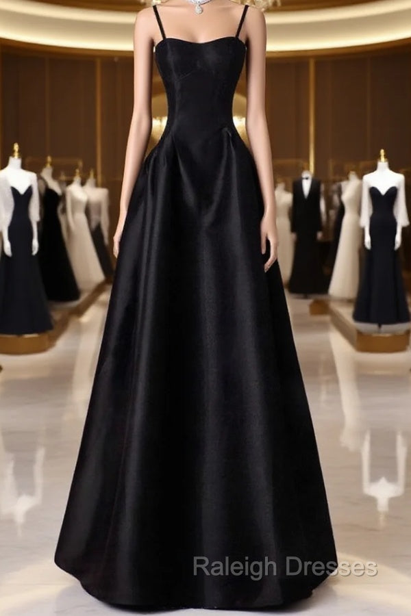 A-Line Sweetheart Neck Satin Black Long Prom Dress, Black Long Evening Dress Main image
