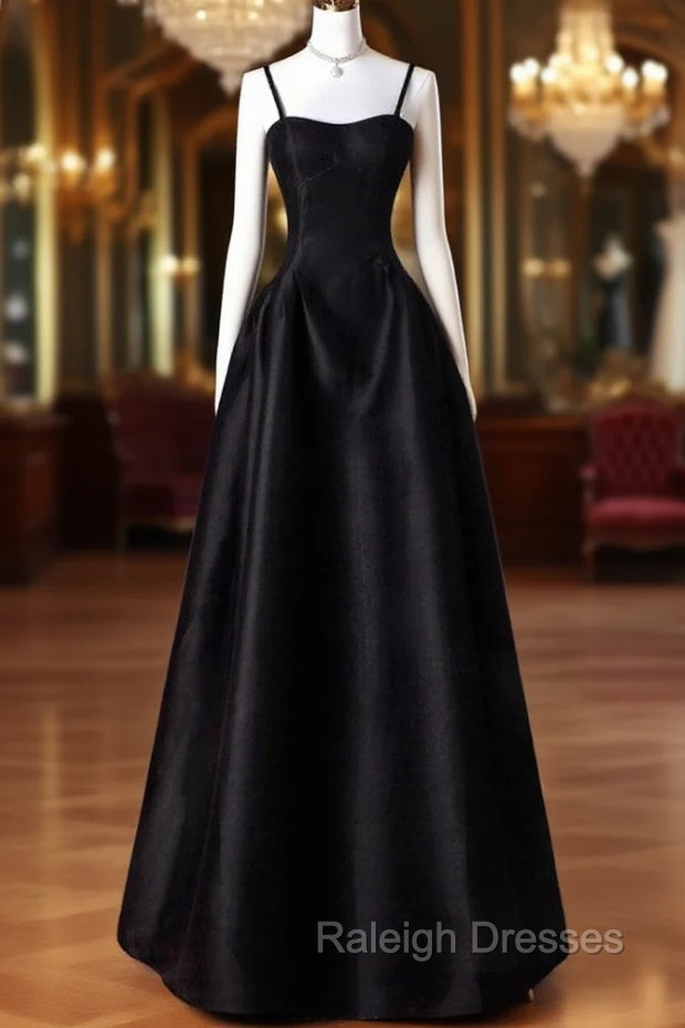 A-Line Sweetheart Neck Satin Black Long Prom Dress, Black Long Formal Dress Main image