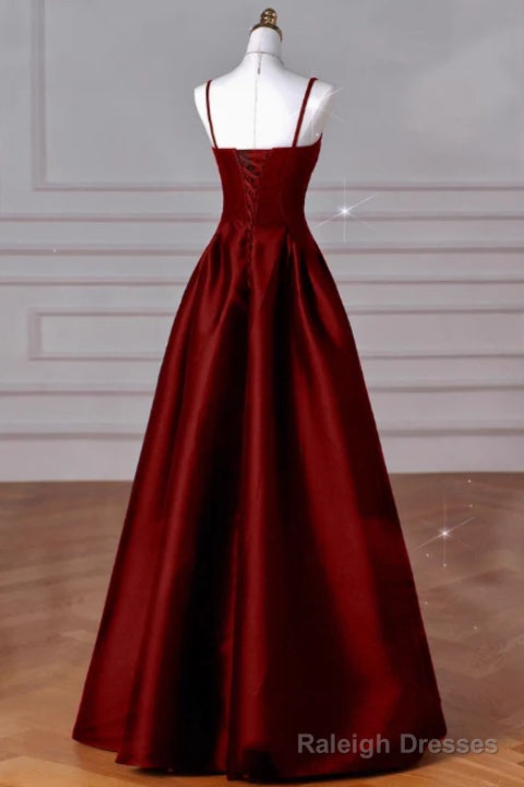 A Line Sweetheart Neck Satin Burgundy Long Prom Dress, Burgundy Long Formal Dress