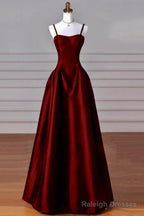 A Line Sweetheart Neck Satin Burgundy Long Prom Dress, Burgundy Long Formal Dress