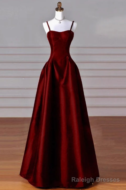 A Line Sweetheart Neck Satin Burgundy Long Prom Dress, Burgundy Long Formal Dress
