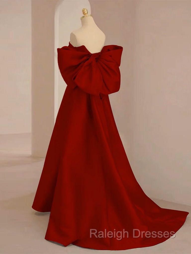 A-Line Sweetheart Neck  Satin Burgundy Long Prom Dress with Bow Secondary image