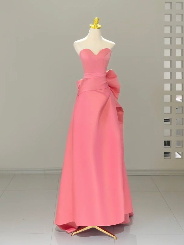 A-Line Sweetheart Neck Satin Pink Long Formal Prom Dress, Pink Long Formal Dress Main image