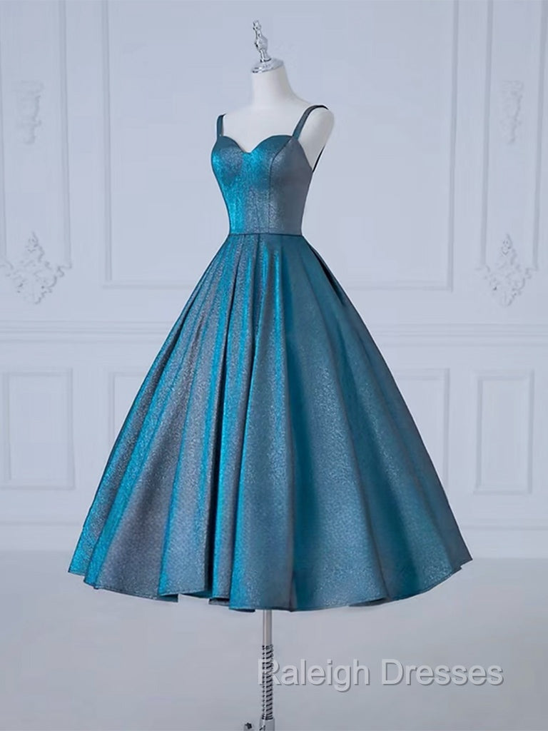 A-Line Sweetheart Neck Satin Tea Length Blue Prom Dress, Blue Formal Dress Secondary image