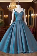 A-Line Sweetheart Neck Satin Tea Length Blue Prom Dress, Blue Formal Dress