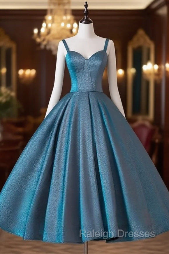 A-Line Sweetheart Neck Satin Tea Length Blue Prom Dress, Blue Formal Dress