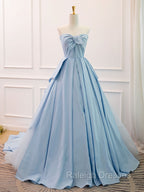 A-Line Sweetheart Neck Satin Tulle Blue Long Prom Dress, Blue Evening Dress