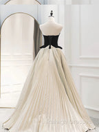 A-Line Sweetheart Neck Satin Velvet Champagne Long Prom Dress, Champagne Long Evening Dress