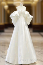 A-Line Sweetheart Neck Satin White Long Prom Dress, White Long Formal Dress