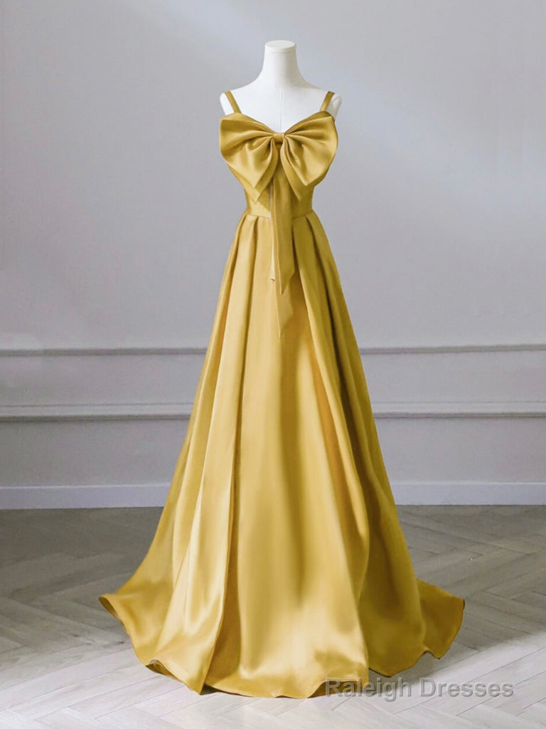 A-Line Sweetheart Neck Satin Yellow Long Prom Dress, Yellow Long Formal Dress Main image