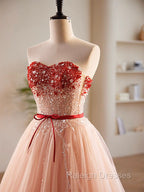 A Line Sweetheart Neck Sequin Tulle Pink Long Prom Dress, Pink Formal Dress